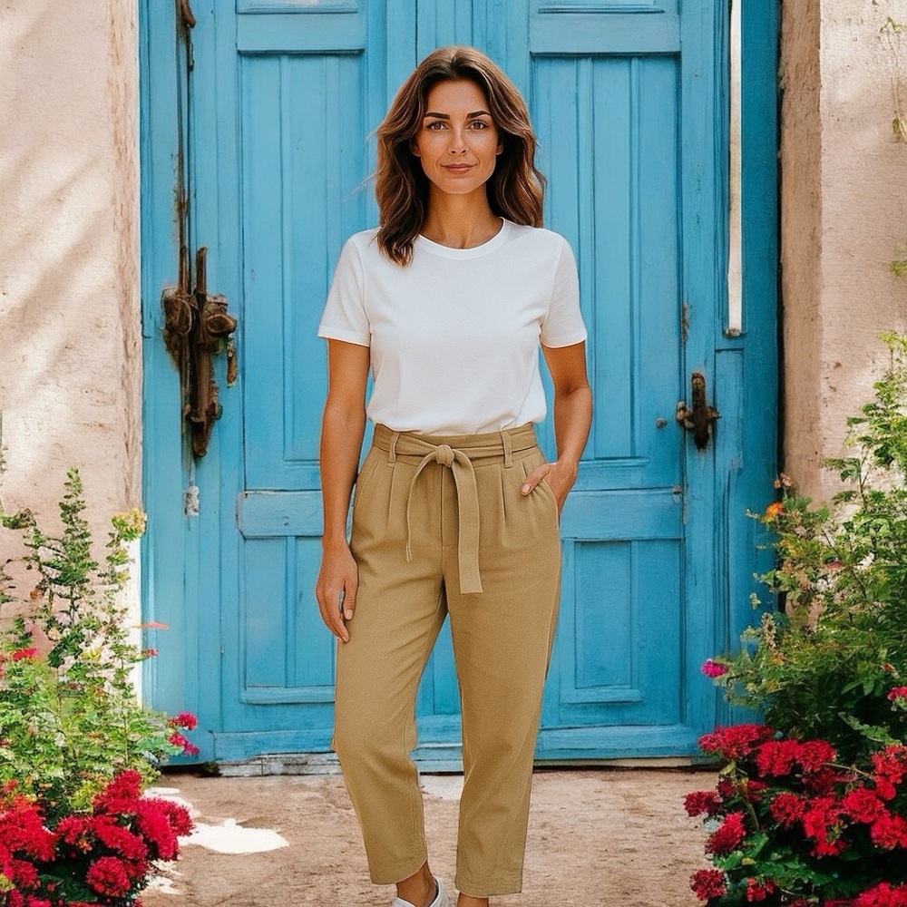 High-Rise Paperbag Tie-Waist Pants - Khaki